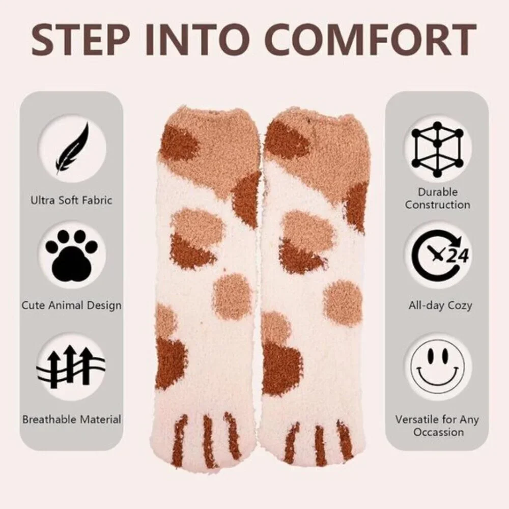 Women’s Fuzzy Cat Paw Socks – Cozy, Fluffy, & Warm Slipper Socks (5/6 Pairs)